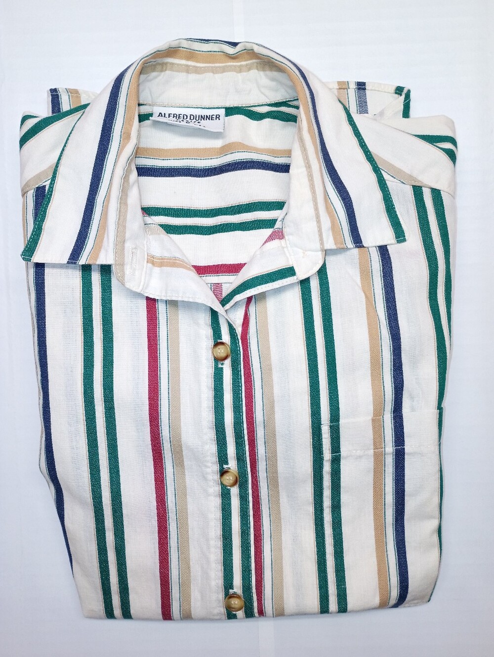 Alfred Dunner Cream Button-Down Shirt with Green, Navy, Red and Tan Stripes